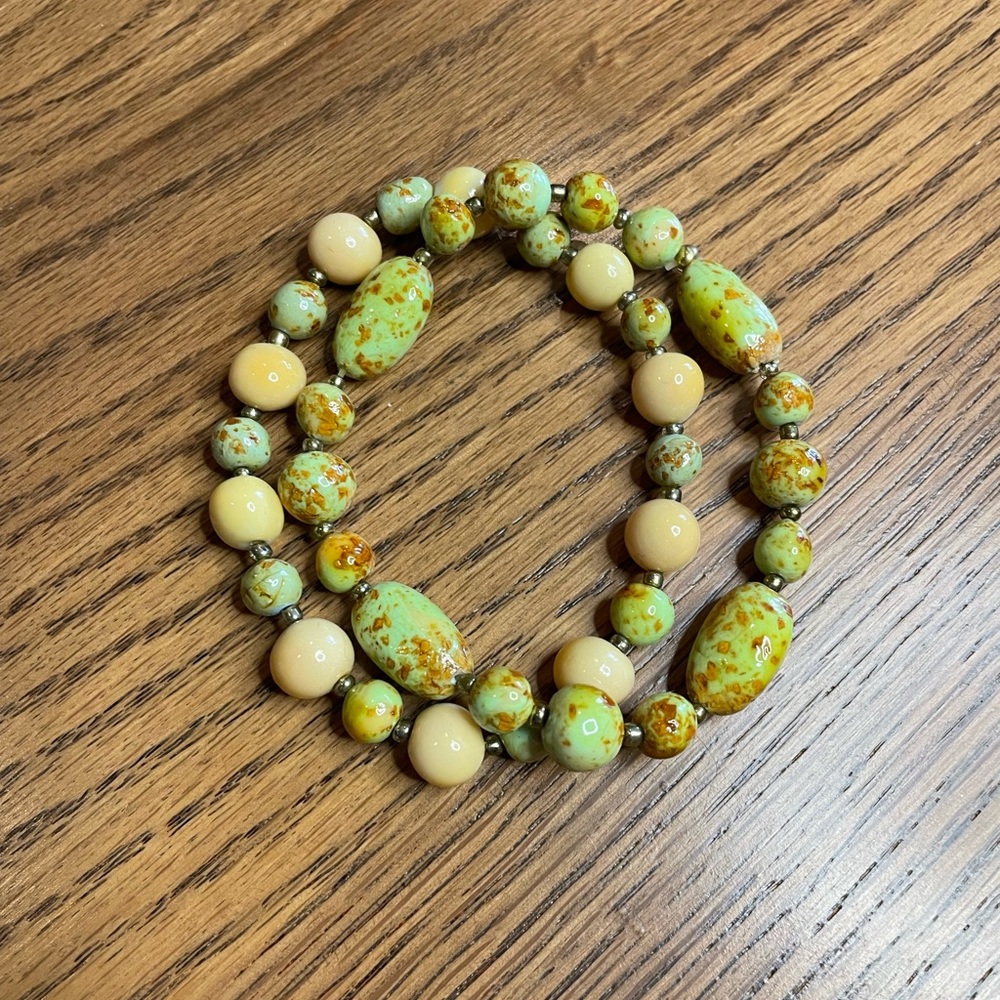 Set of Two Hand-rolled Clay Beaded Bracelets - Mint Green and Off White - Picture 4 of 4